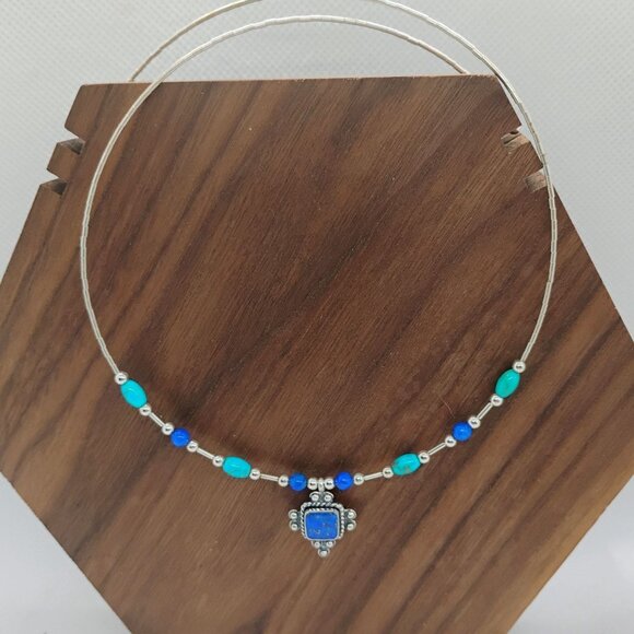 Vtg QT Sterling Quoc Silver Turquoise & Lapis Beaded Necklace Southwest Native - Picture 2 of 4